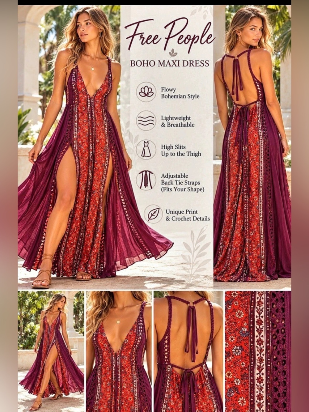 NWT Free People Lotus Maxi Dress Red & Purple
